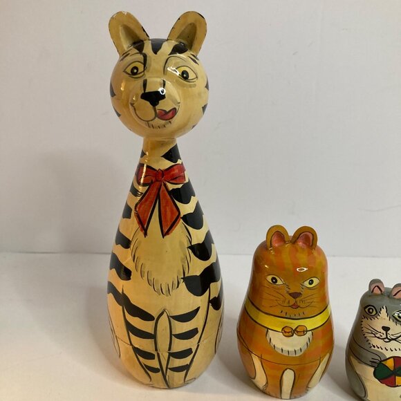 Wooden Matryoshka Nesting Cat Dolls 7" 5 dolls Mouse Baby - Picture 3 of 12